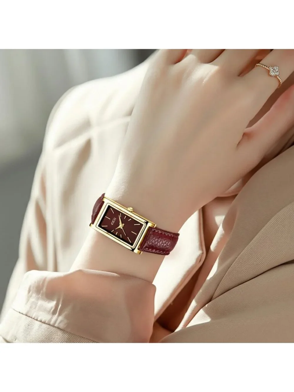 Stylish Vintage Rectangle Women's Quartz Watch with Leather Strap & Slim Bangle